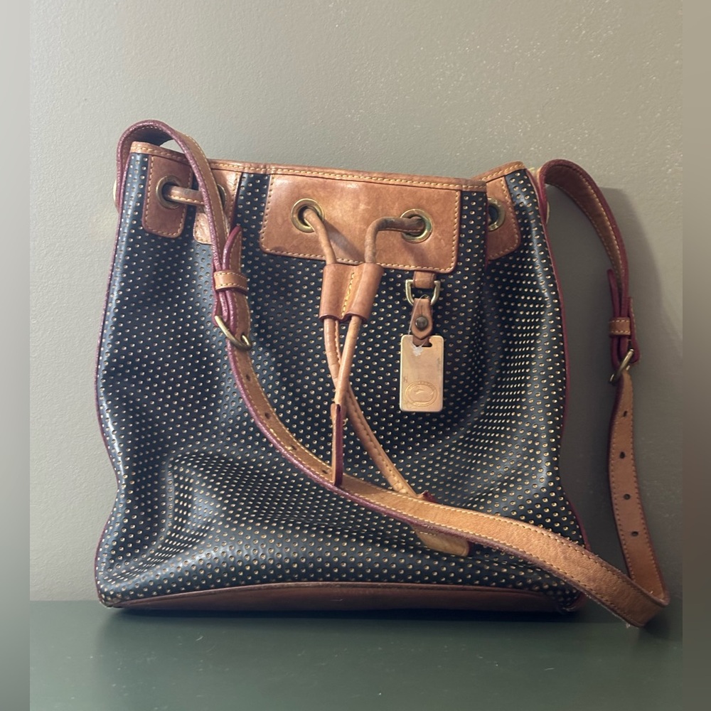 Dooney & Bourke Vintage Leather Drawstring Bucket Bag Black/Tan - Fair Condition